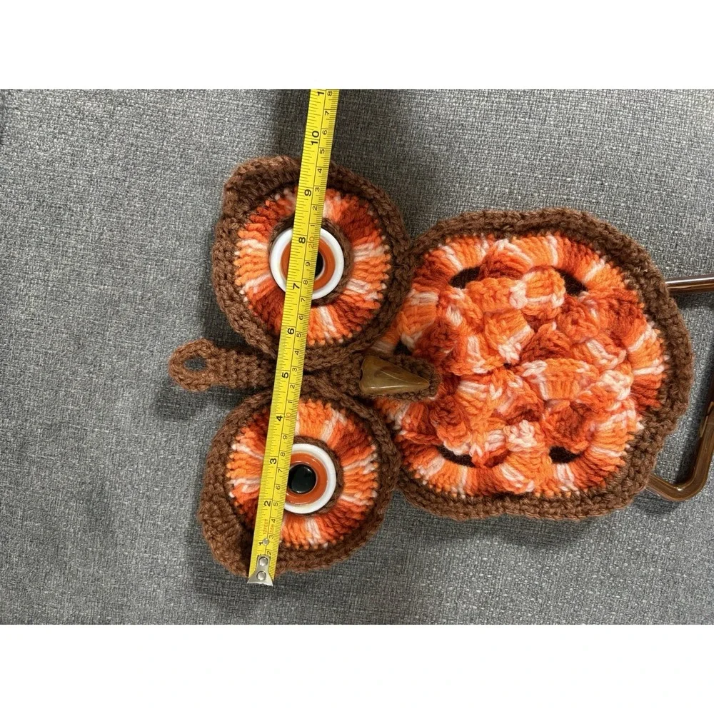 Handmade Crocheted Owl Towel Holder White Brown Orange Retro Vintage MCM Decor